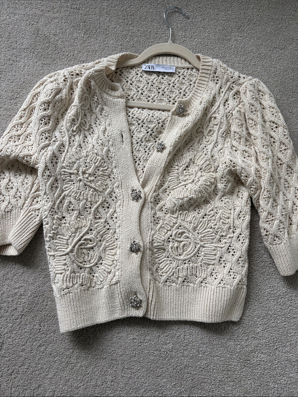 ZARA Cream Openwork Crochet Button-Up Cardigan